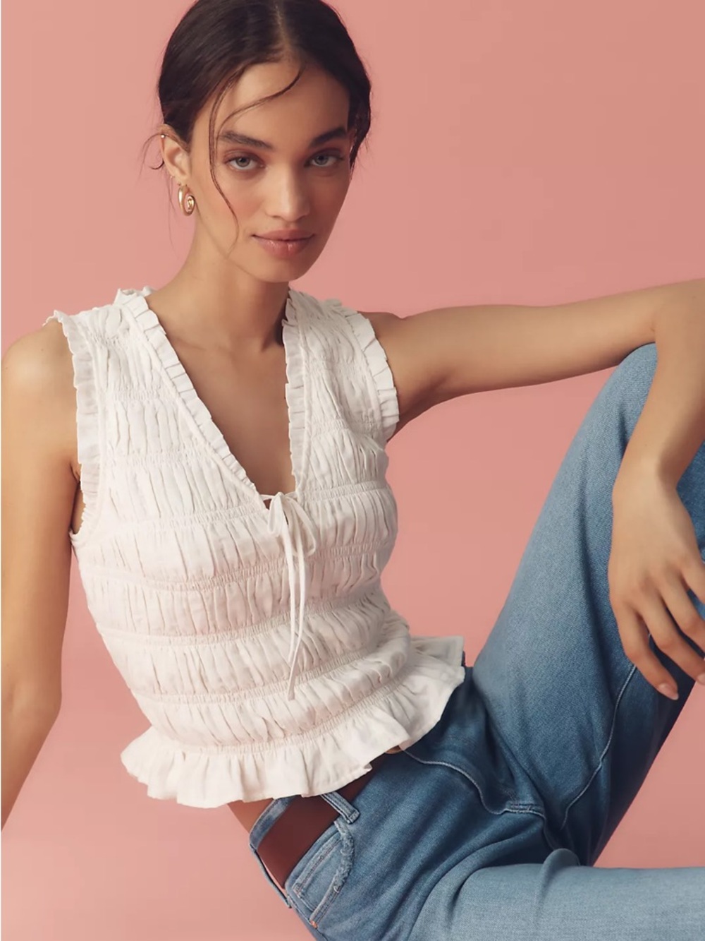 PAIGE White Smocked Ruffle Hem Sleeveless Top - Size small - Brand new